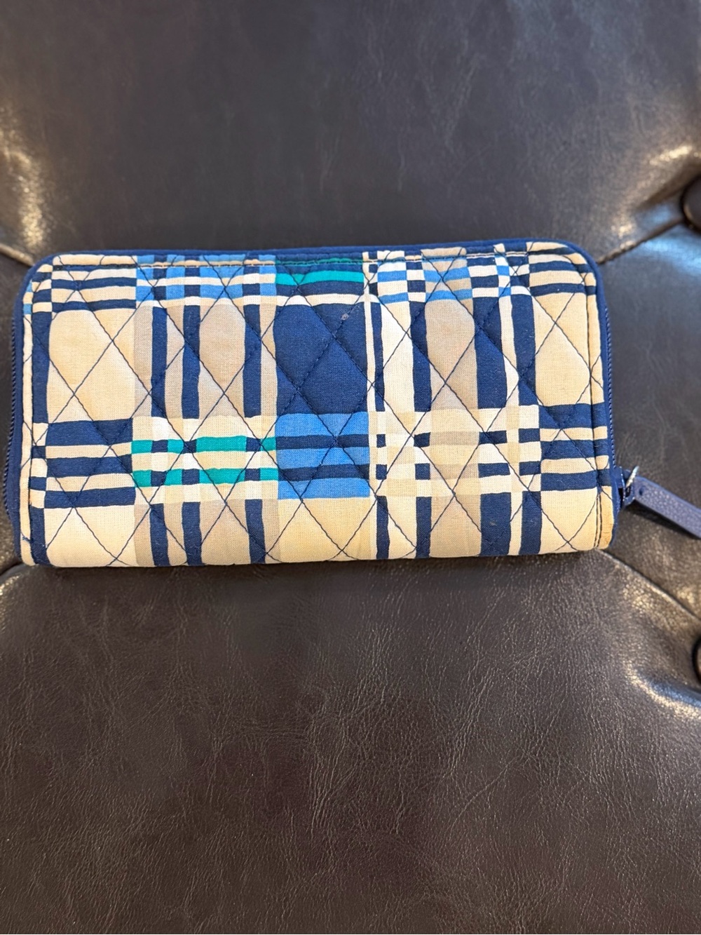 Vera Bradley Quilted Plaid Zip-Around Women's Wallet in Navy and Cream